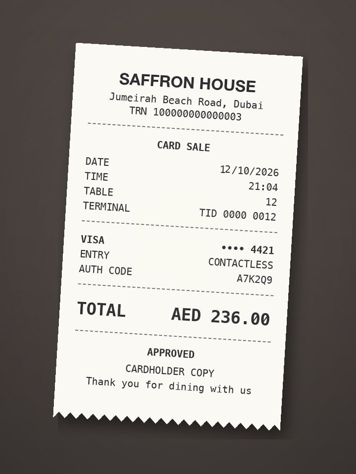 Card slip from Saffron House: AED 236.00, Visa ending 4421, table 12, 21:04, 12 October 2026